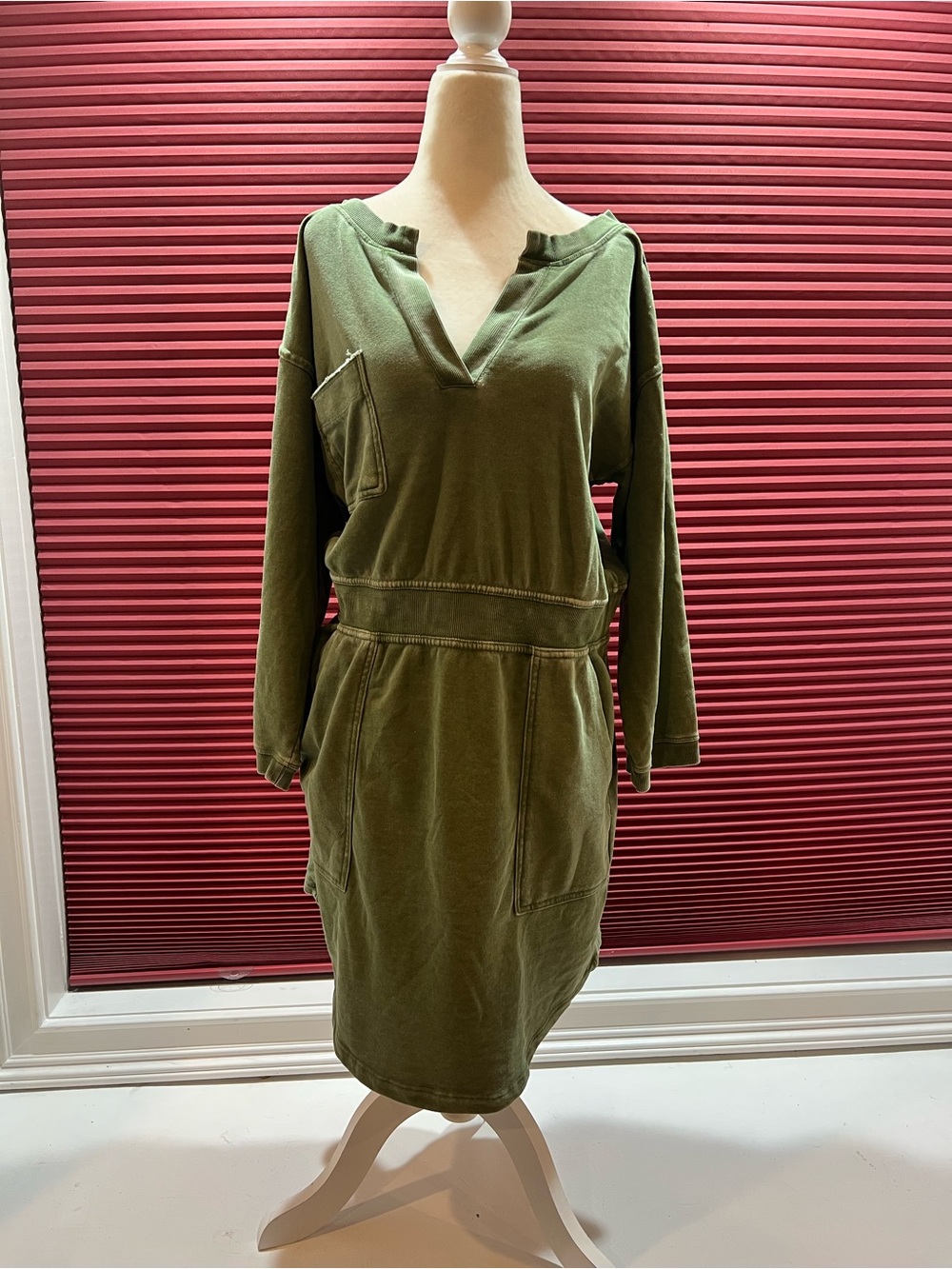 Anthropologie Olive Green V-Neck Long Sleeve Sweatshirt Dress